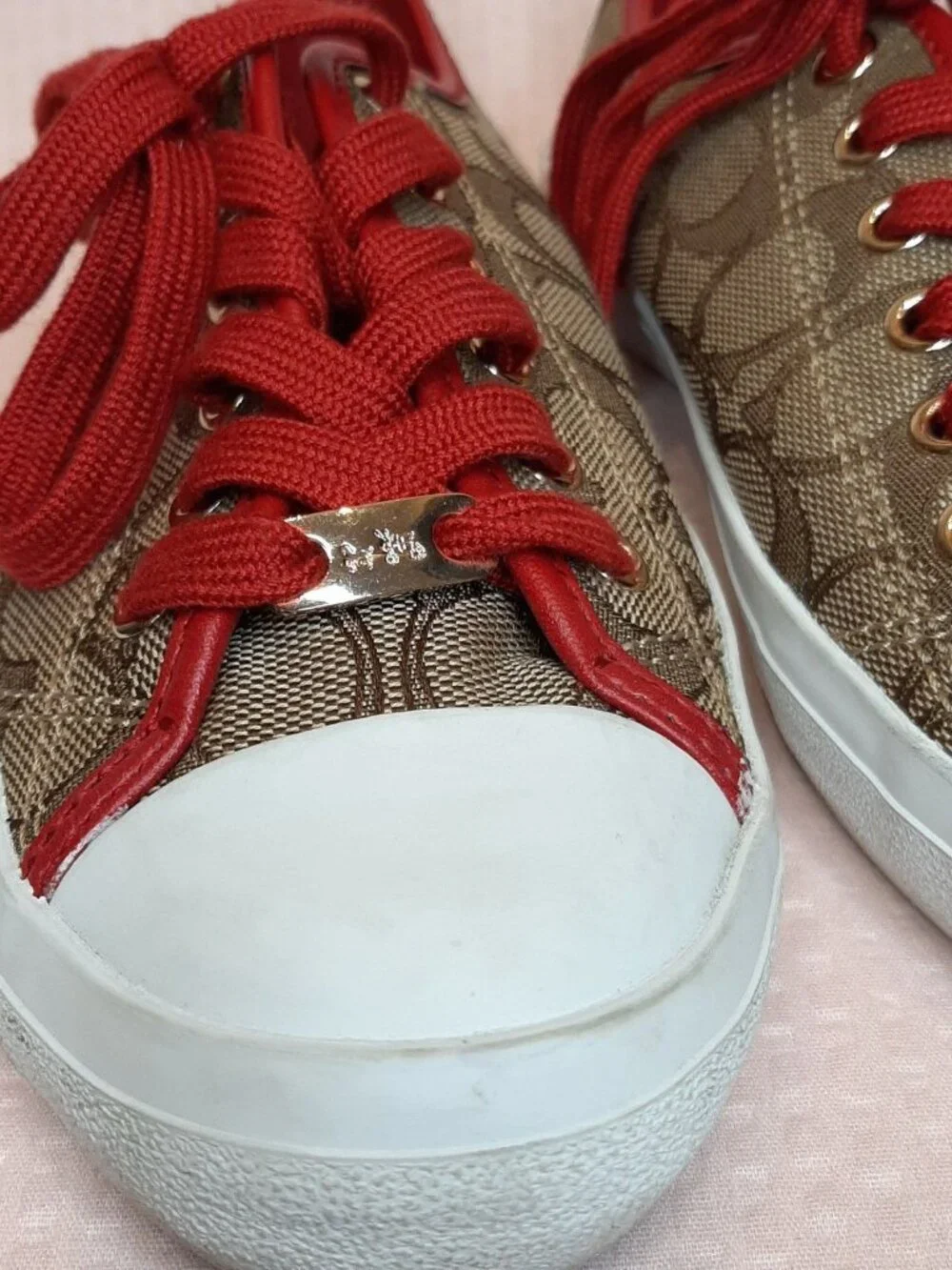Coach Sneaker Brown Red Women Size 6.5 B Empire Canvas Athletic Fashion Shoes